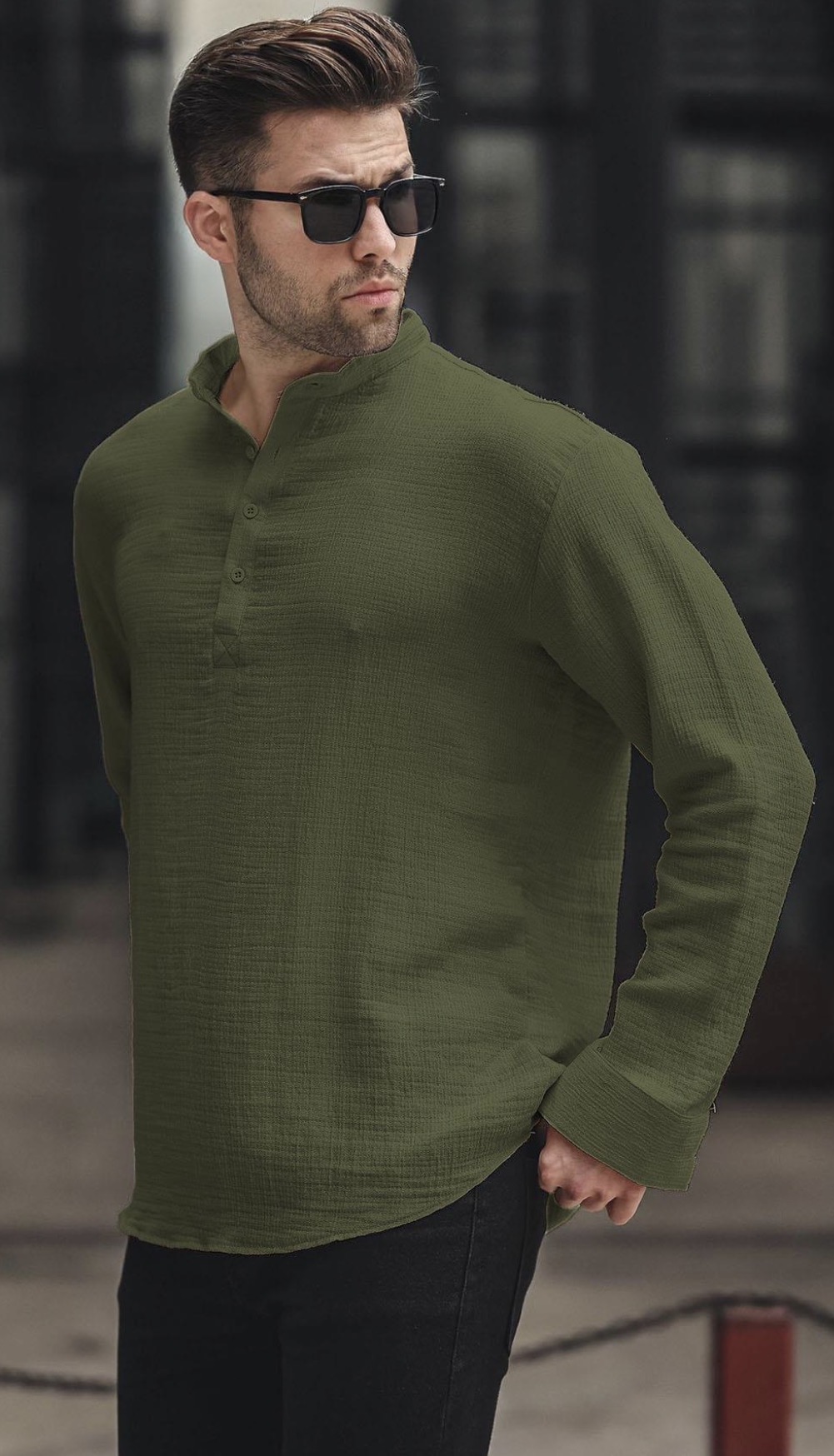 Haki Müslin Uzun Kollu Erkek Gömlek 6742